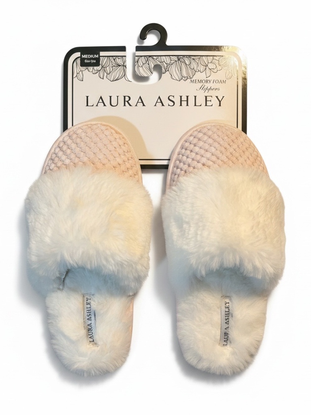 Laura Ashley Cream Plush Faux-Fur Slide Slippers (6.5-7.5) —NWT—